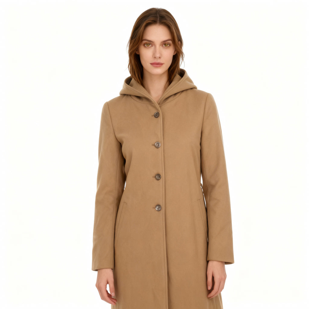 Elegant Camel Hooded Belted Coat for Women
