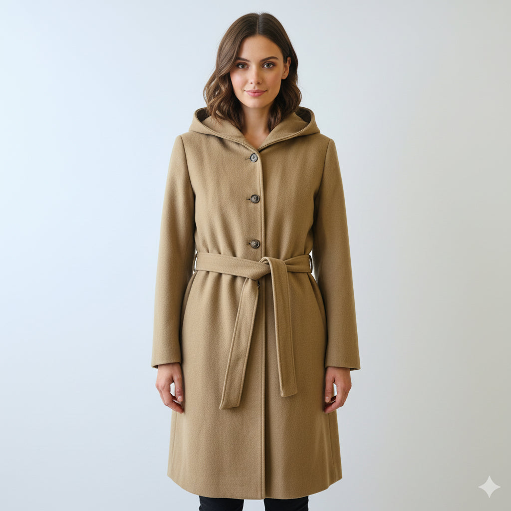 Elegant Camel Hooded Belted Coat for Women
