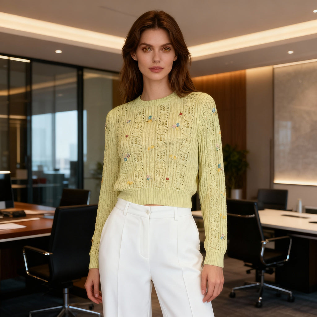 Pastel Yellow Floral Embroidered Knit Sweater – Soft Lightweight Crochet Pullover