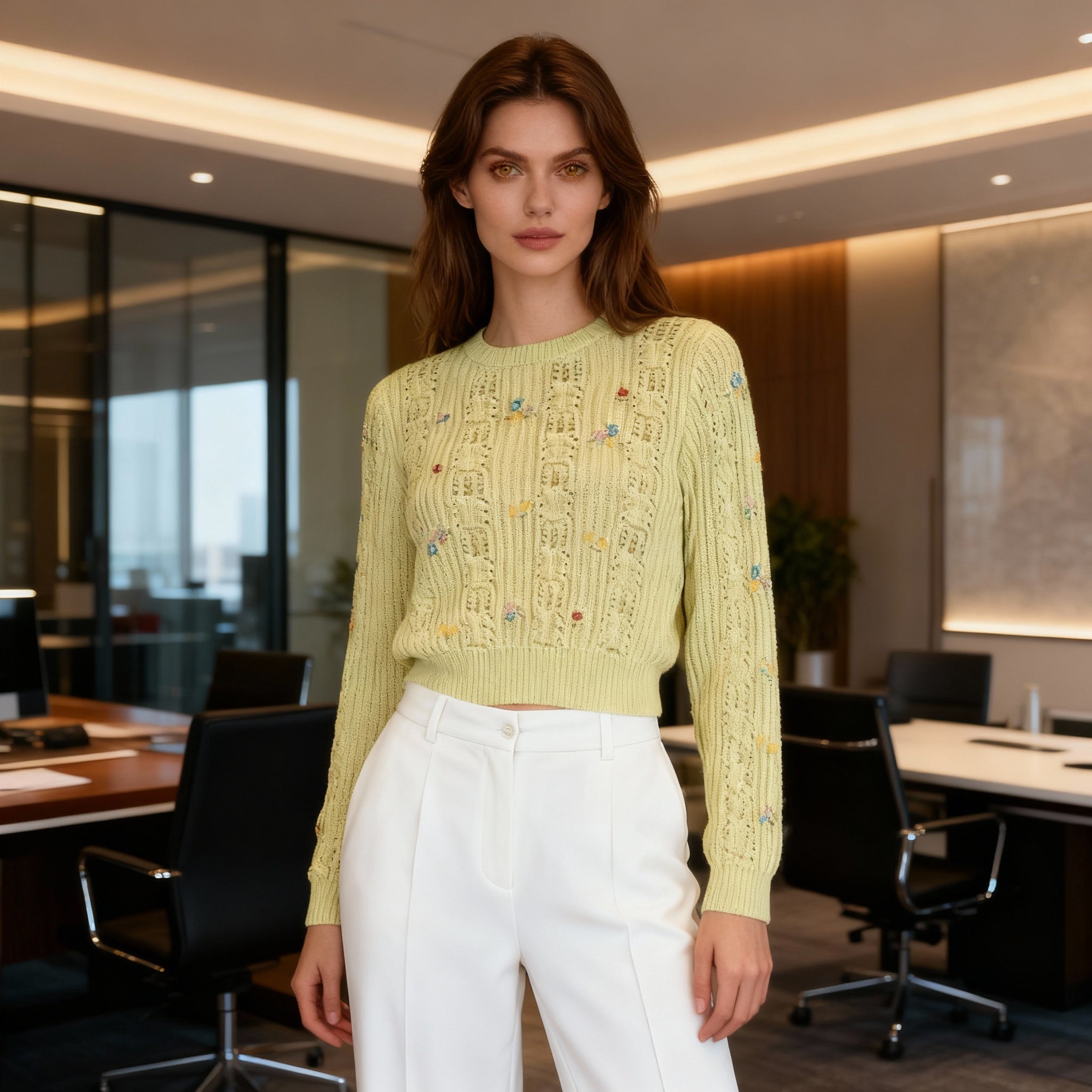 Pastel Yellow Floral Embroidered Knit Sweater – Soft Lightweight Crochet Pullover