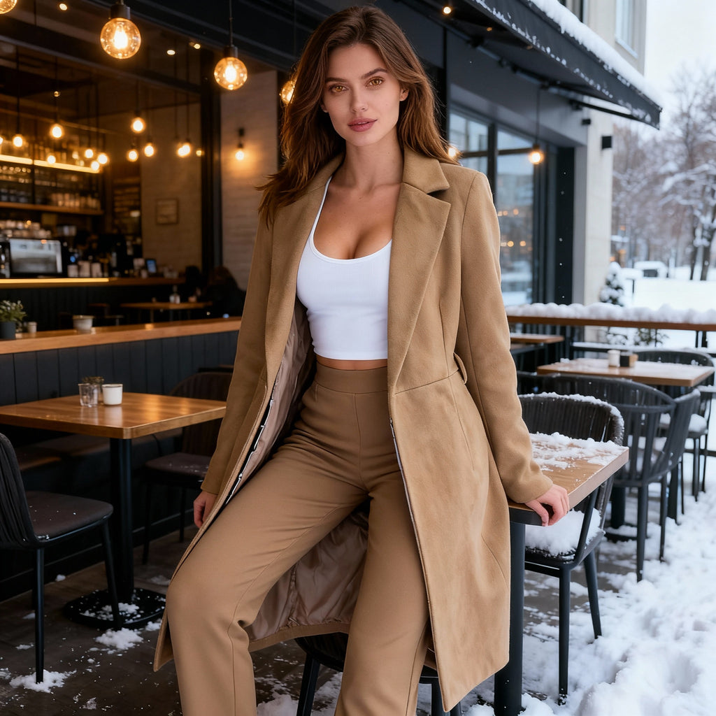 Camel Tailored Long Coat with Classic Lapel Collar