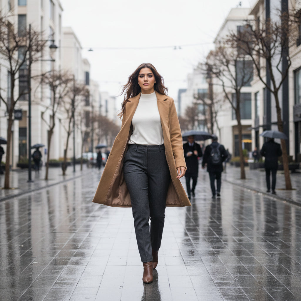 Camel Tailored Long Coat with Classic Lapel Collar