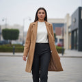 Camel Tailored Long Coat with Classic Lapel Collar