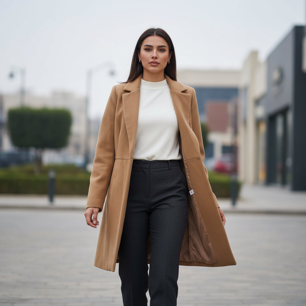 Camel Tailored Long Coat with Classic Lapel Collar