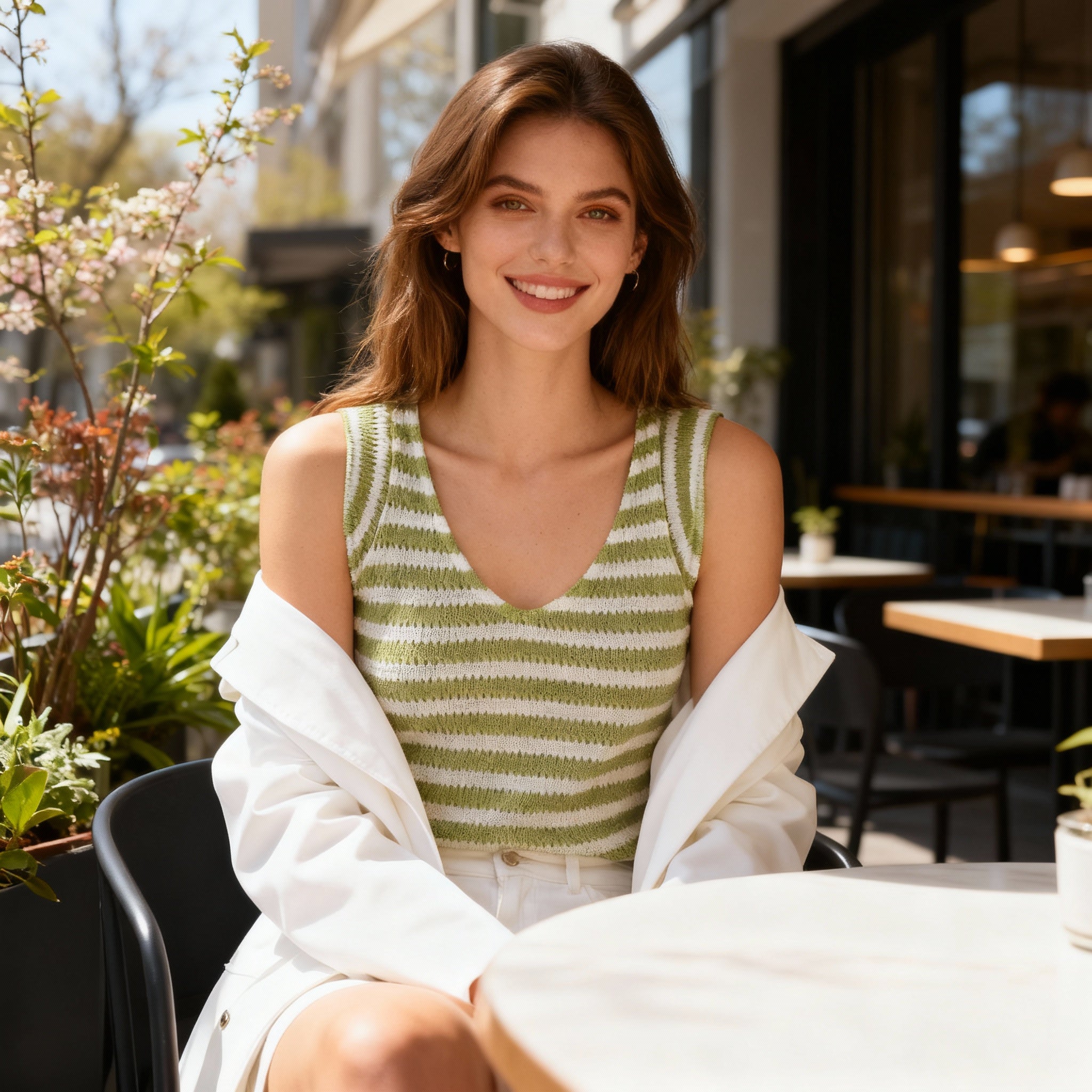 Green & White Striped Knit Tank Top – V-Neck