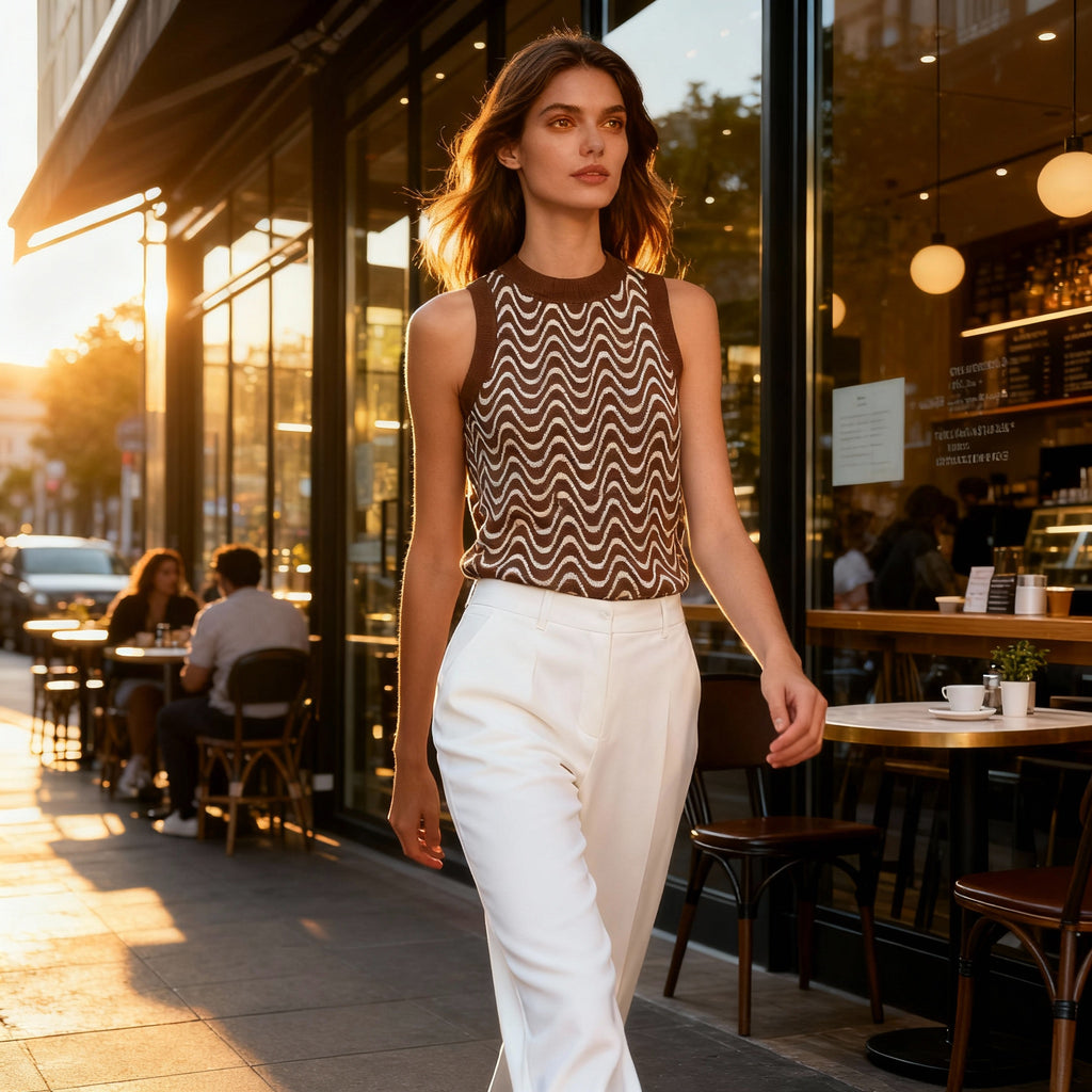 Brown & Cream Wave Knit Sleeveless Top