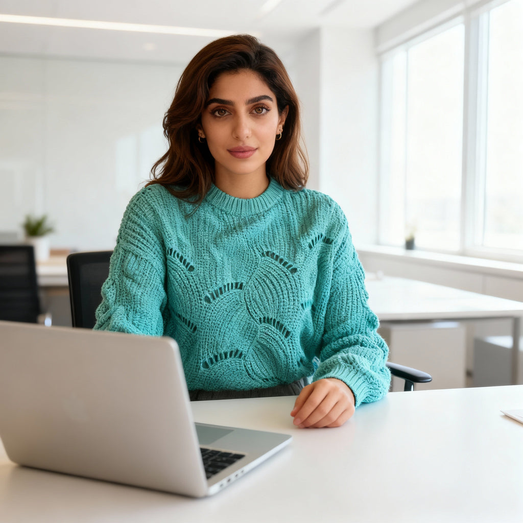 Turquoise Wave-Knit Openwork Sweater – Soft Textured Loose Fit