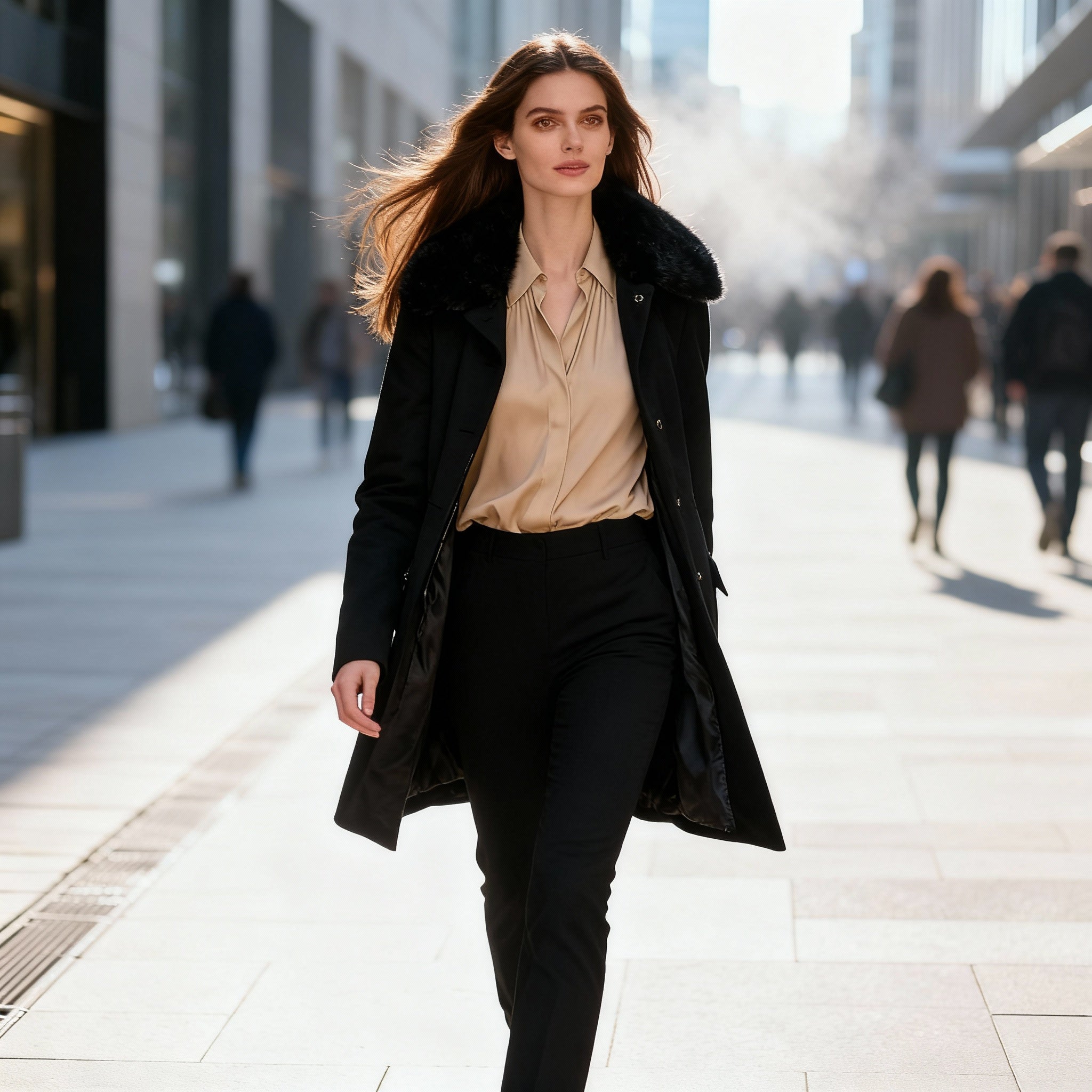 Black Winter Coat with Faux Fur Collar and Gold Button Detailing