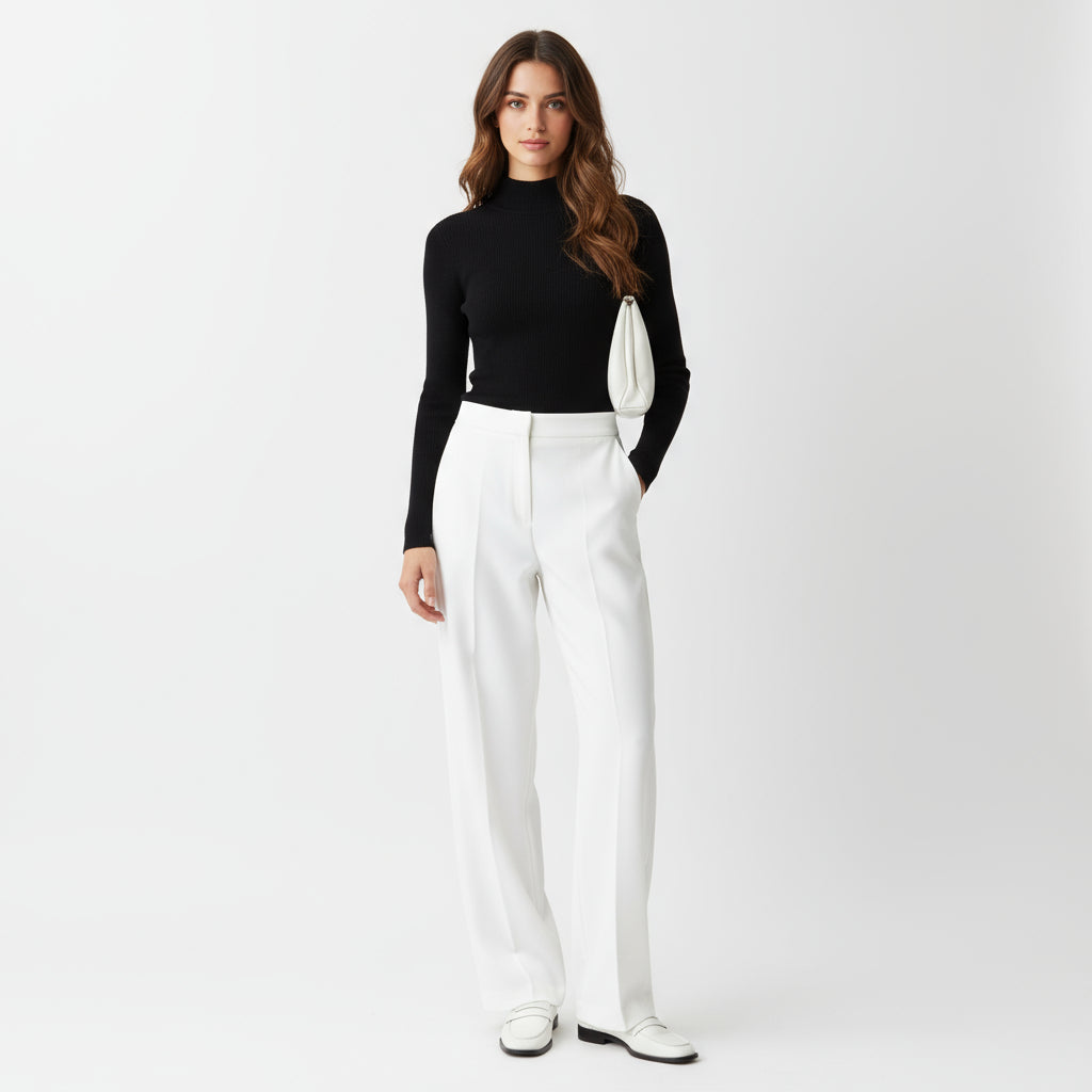 Black Ribbed High-Neck Knit Top – Slim Fit Long Sleeve