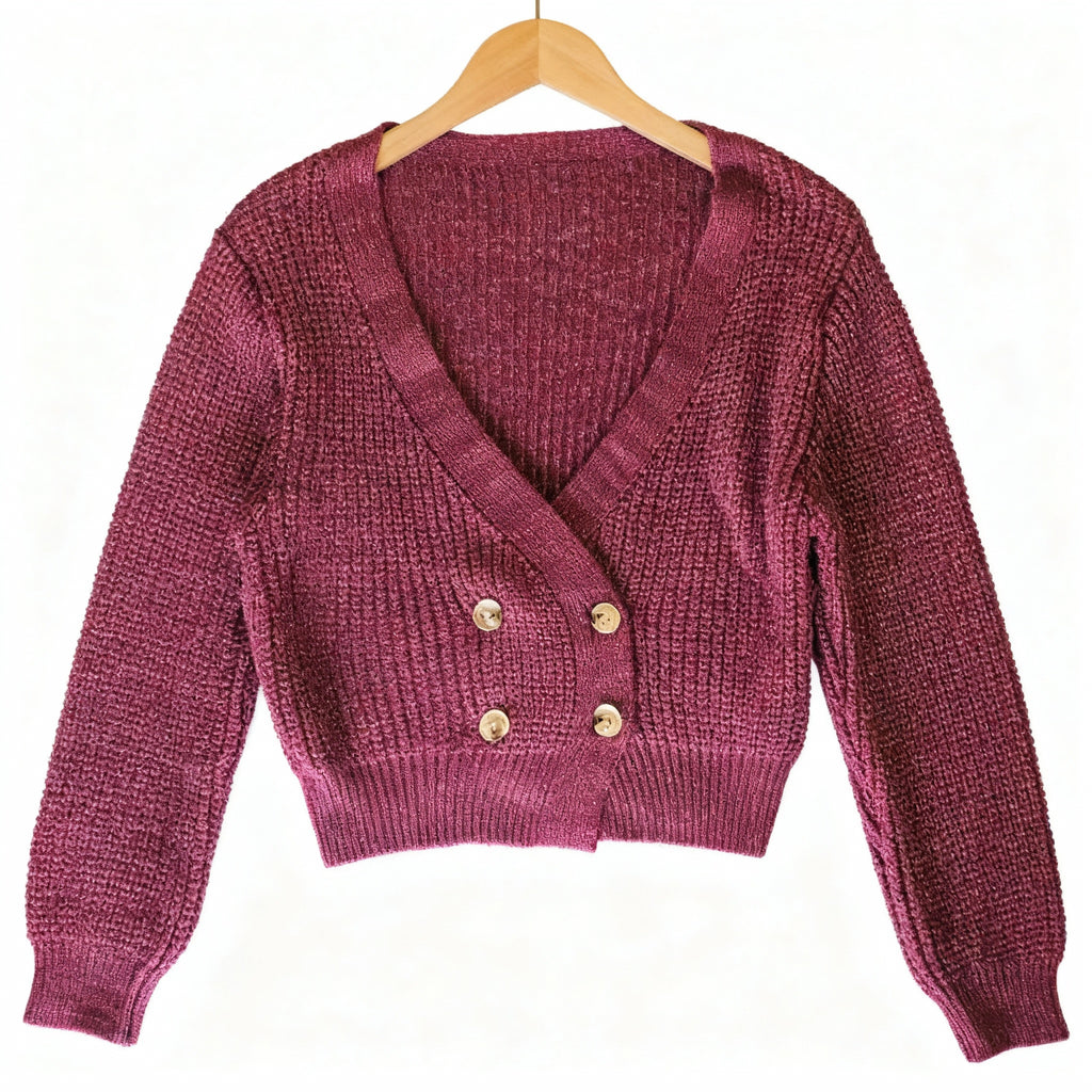 Cropped Double-Breasted Shimmer Knit Cardigan – Plum Purple