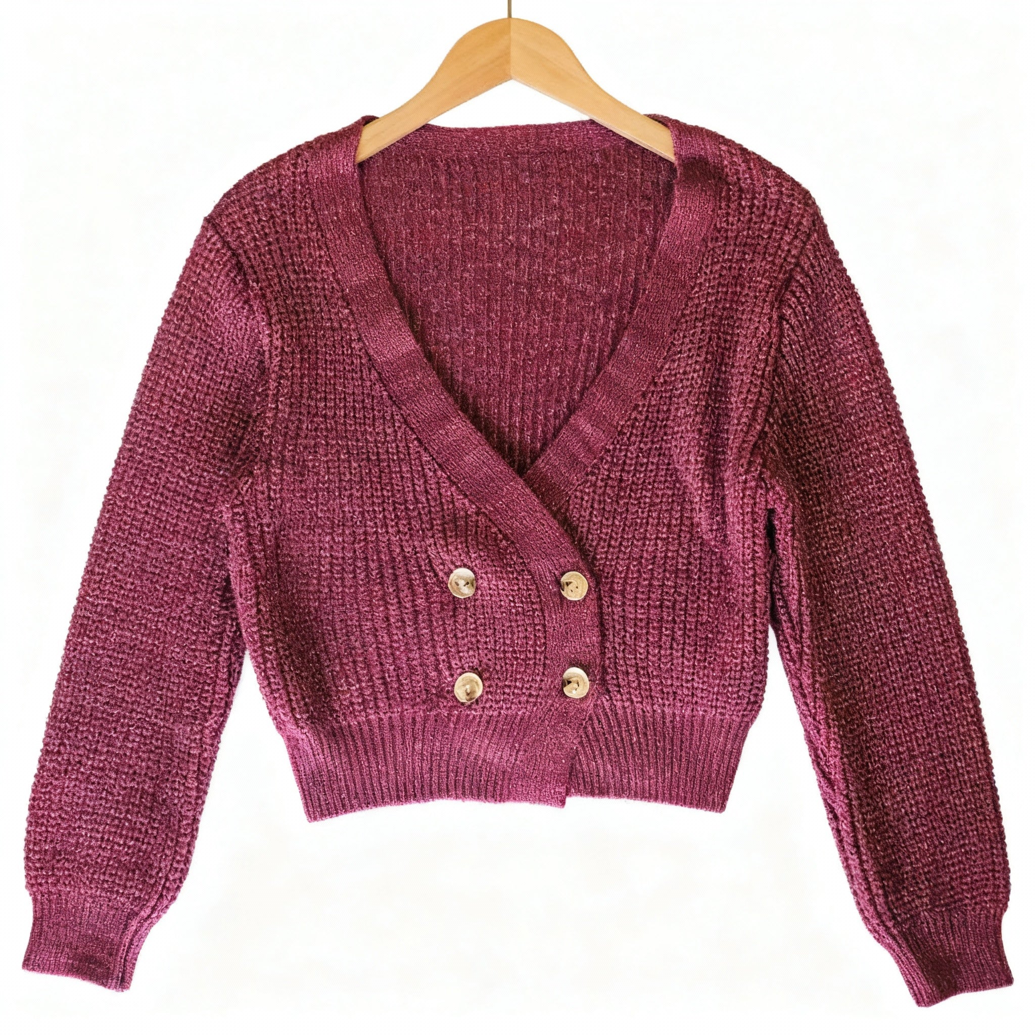 Cropped Double-Breasted Shimmer Knit Cardigan – Plum Purple