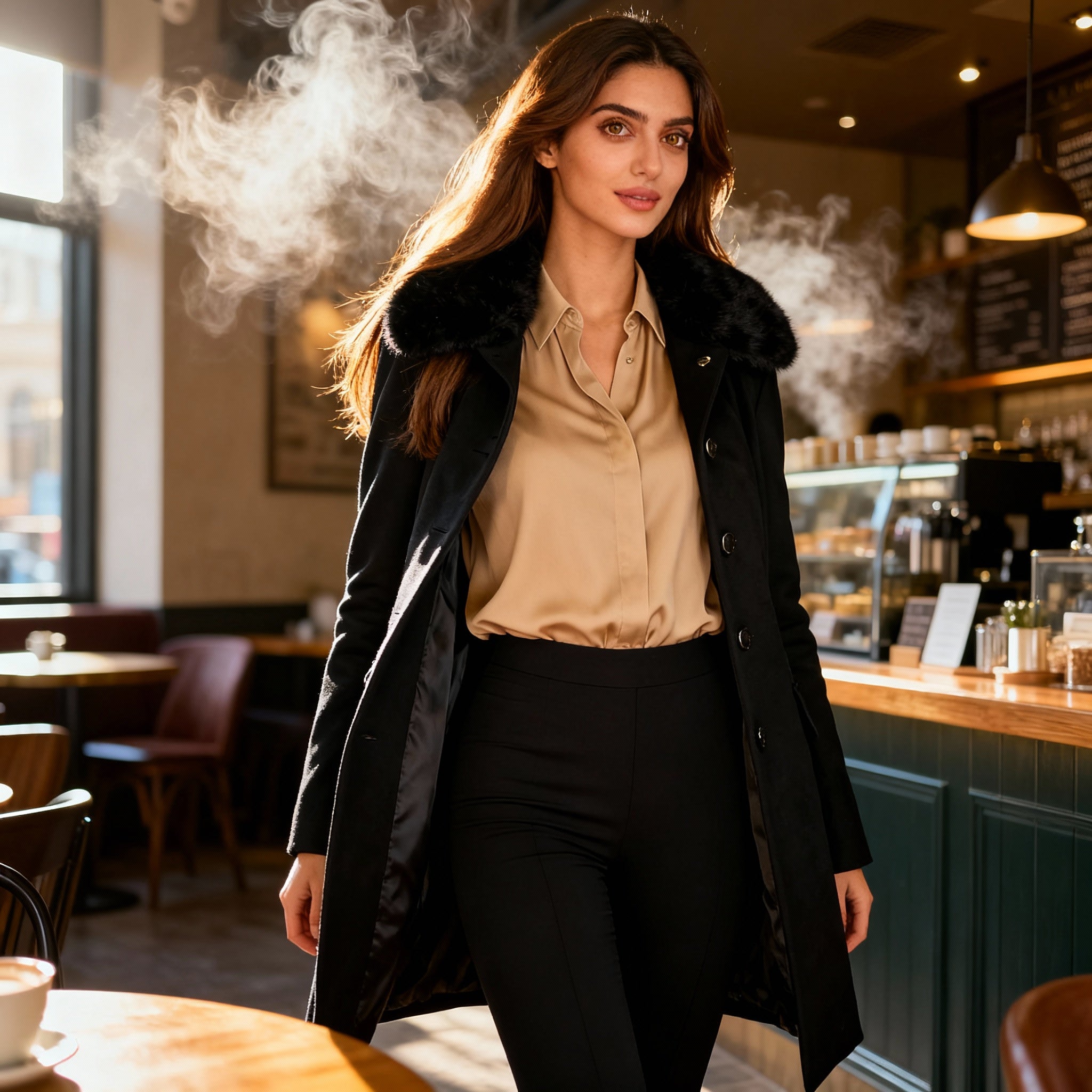 Black Winter Coat with Faux Fur Collar and Gold Button Detailing