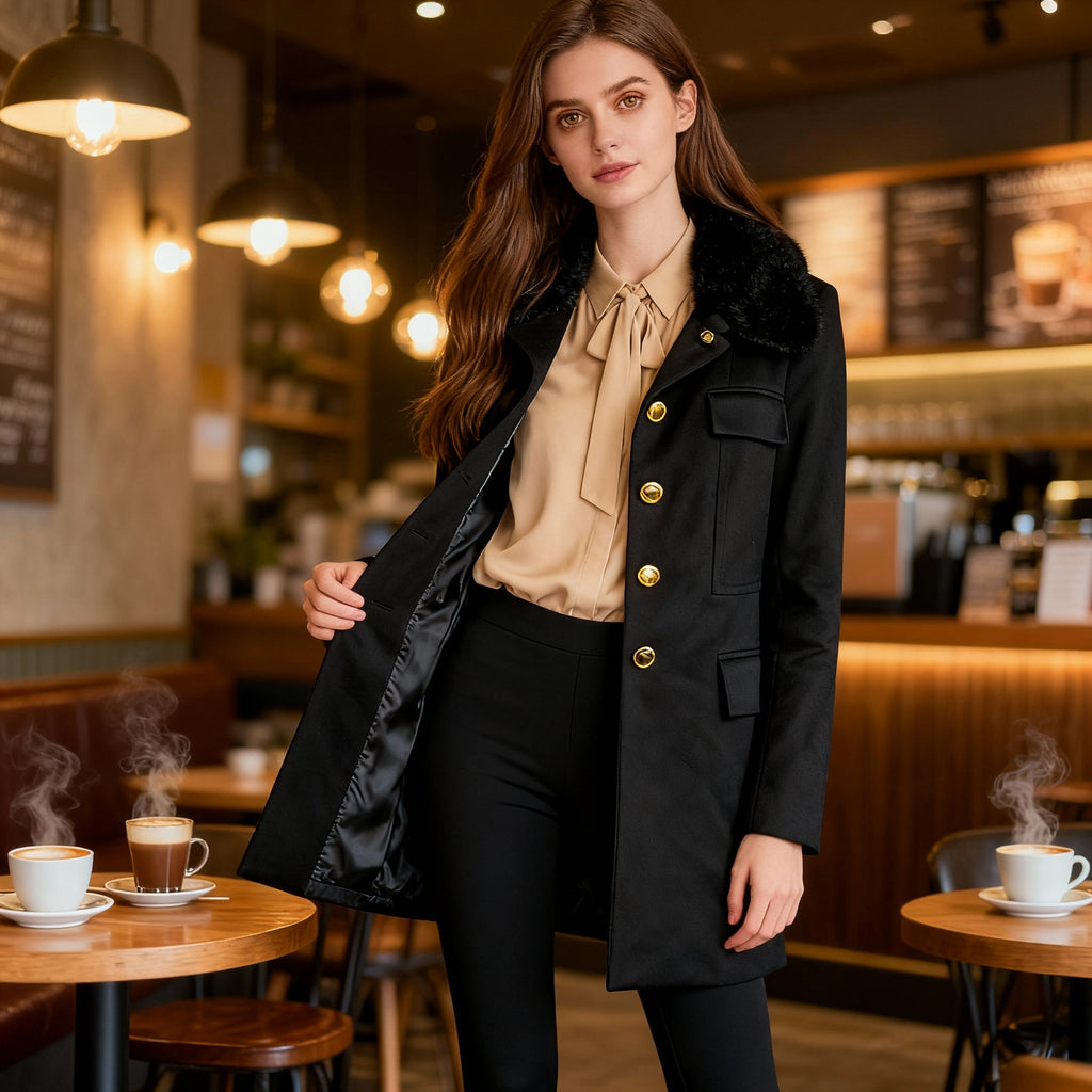 Black Winter Coat with Faux Fur Collar and Gold Button Detailing