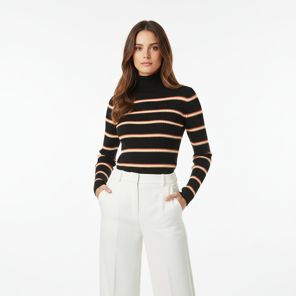 Black Ribbed Striped Turtleneck Sweater