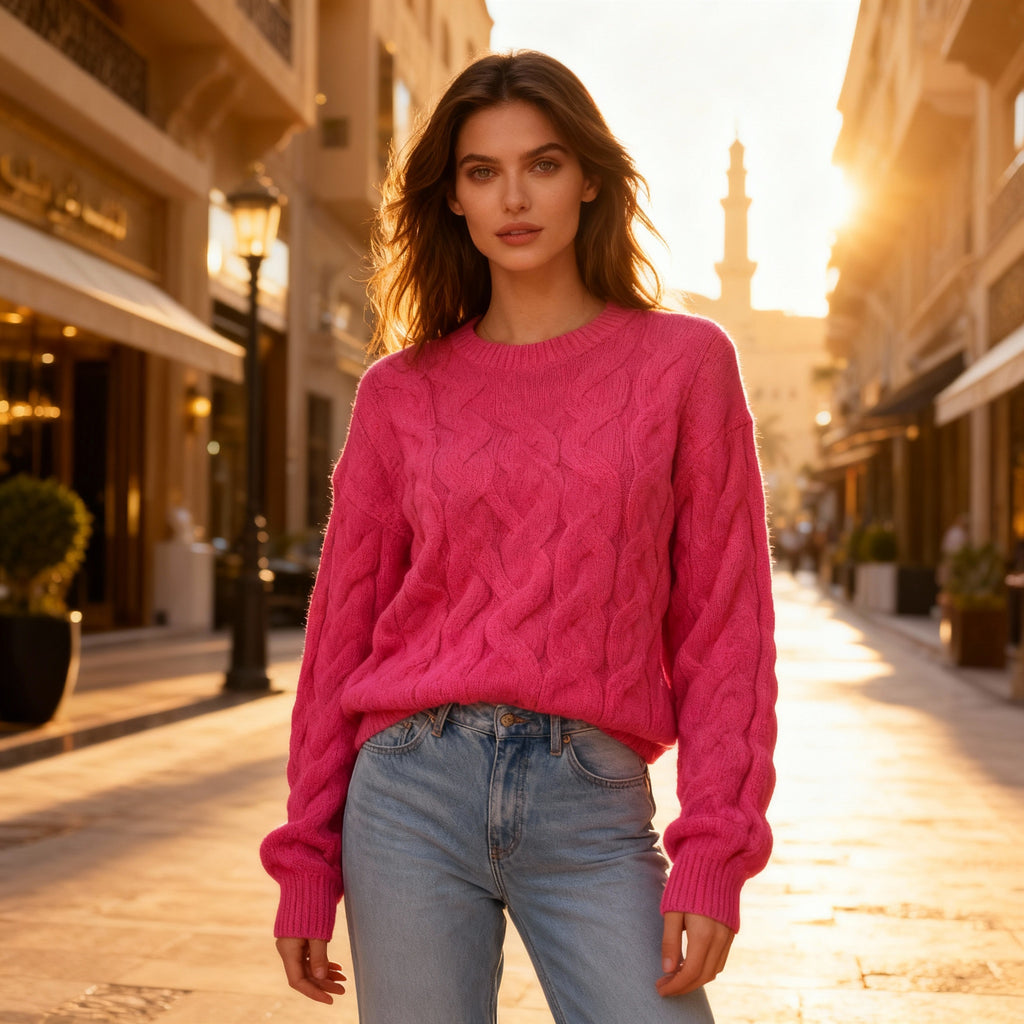 Women’s Hot Pink Cable-Knit Sweater – Soft Cozy Winter Pullover