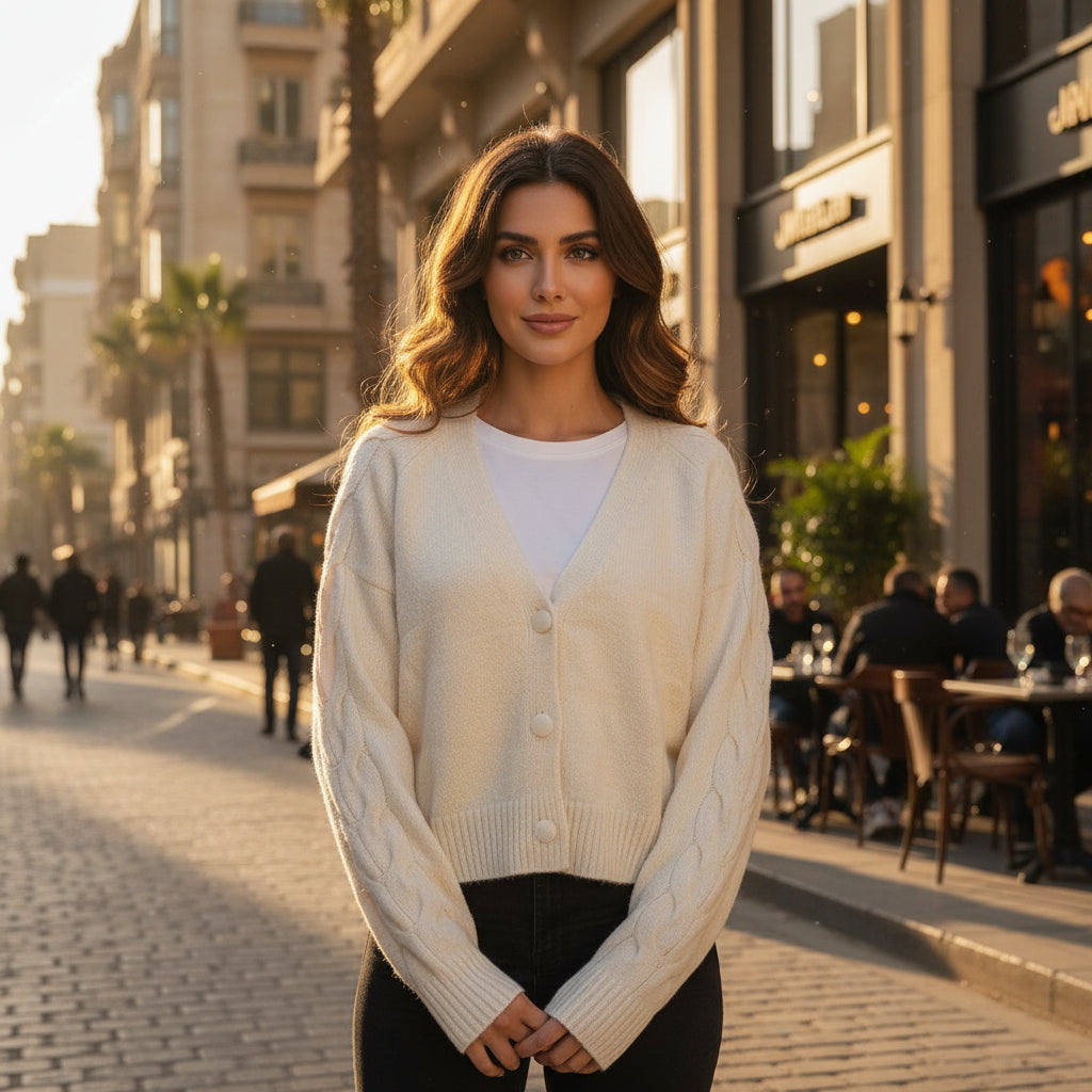 Women’s Cream Knitted Cardigan with Braided Sleeves