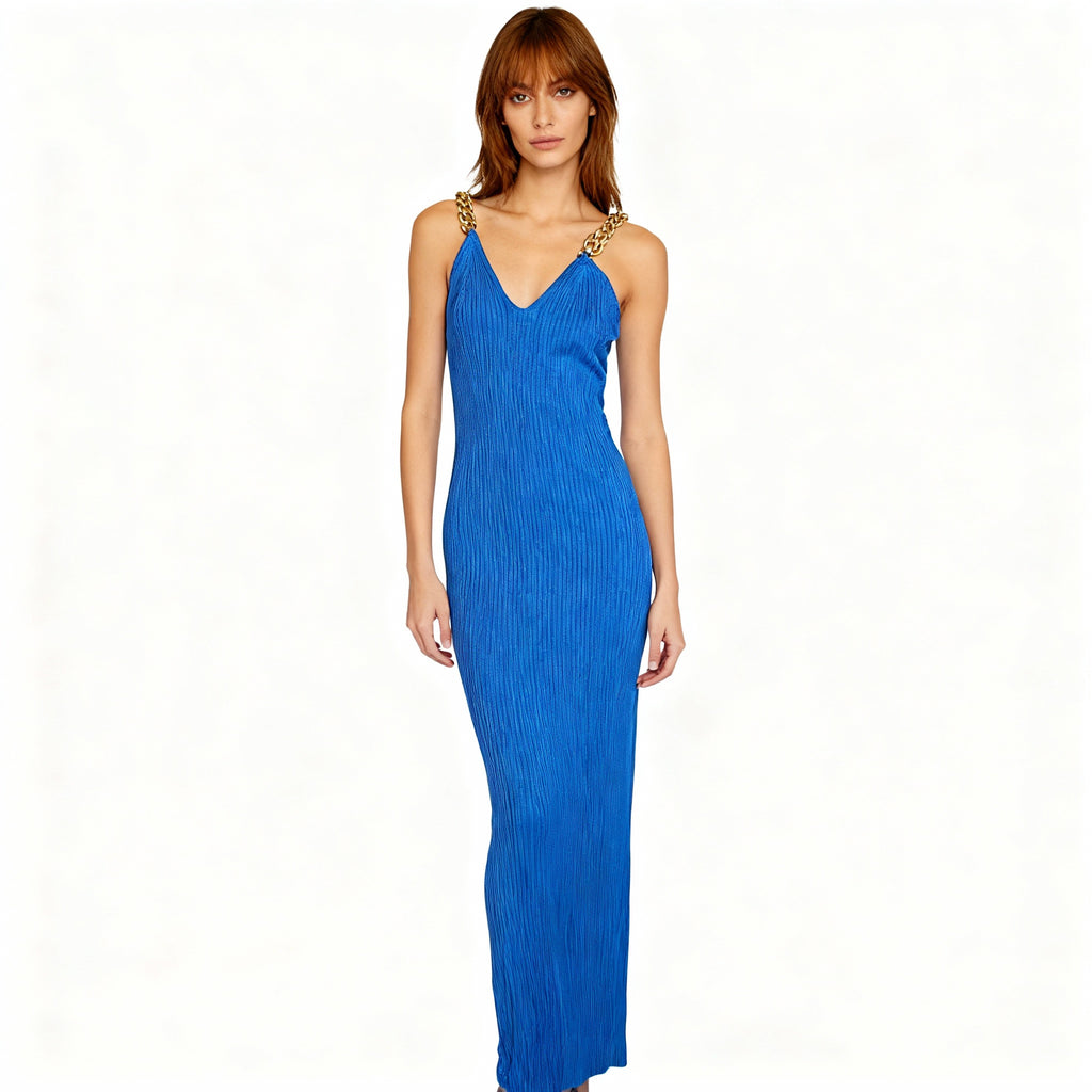 Royal Blue Maxi Ribbed Dress with Gold Chain Straps