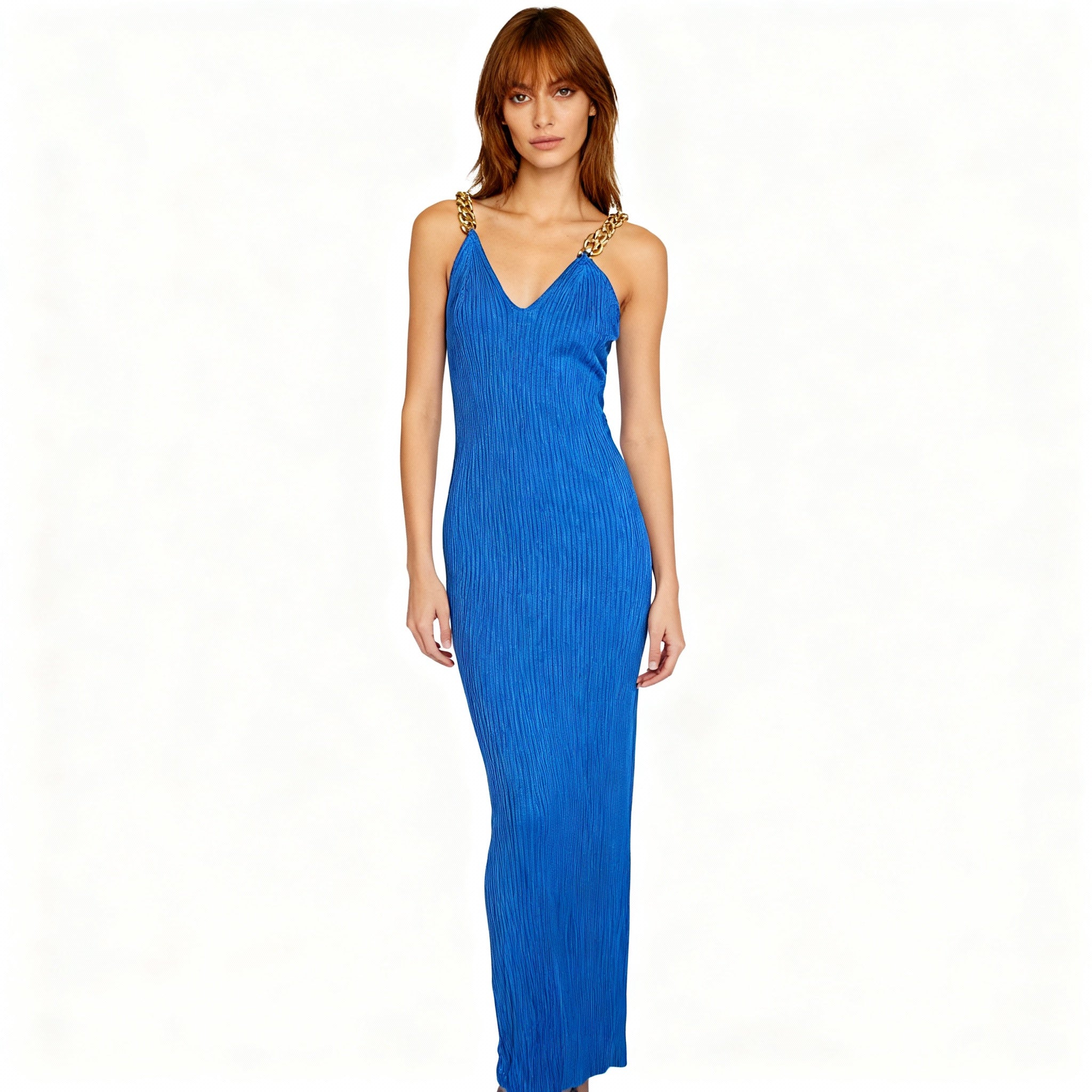 Royal Blue Maxi Ribbed Dress with Gold Chain Straps