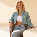 Cropped Printed Jacket – Aqua Leaf Pattern