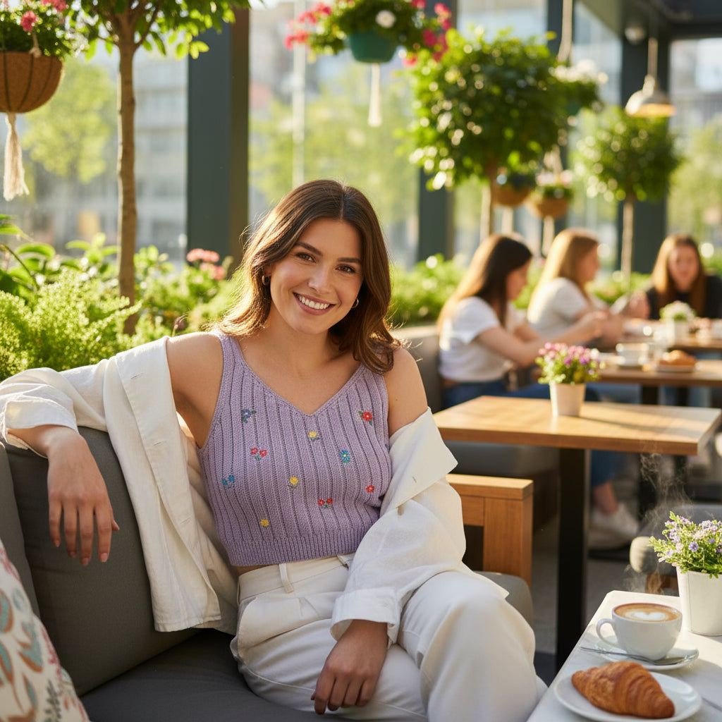 Lilac Embroidered Knit Crop Top – Floral Detail