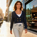 Navy Blue Textured Knit Cropped Cardigan with Gold Double Buttons