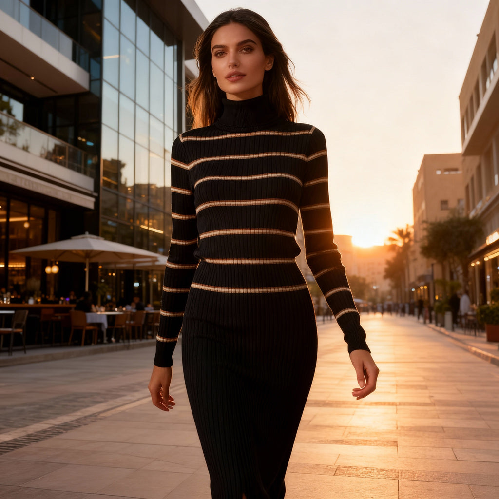 Black Ribbed Striped Turtleneck Sweater