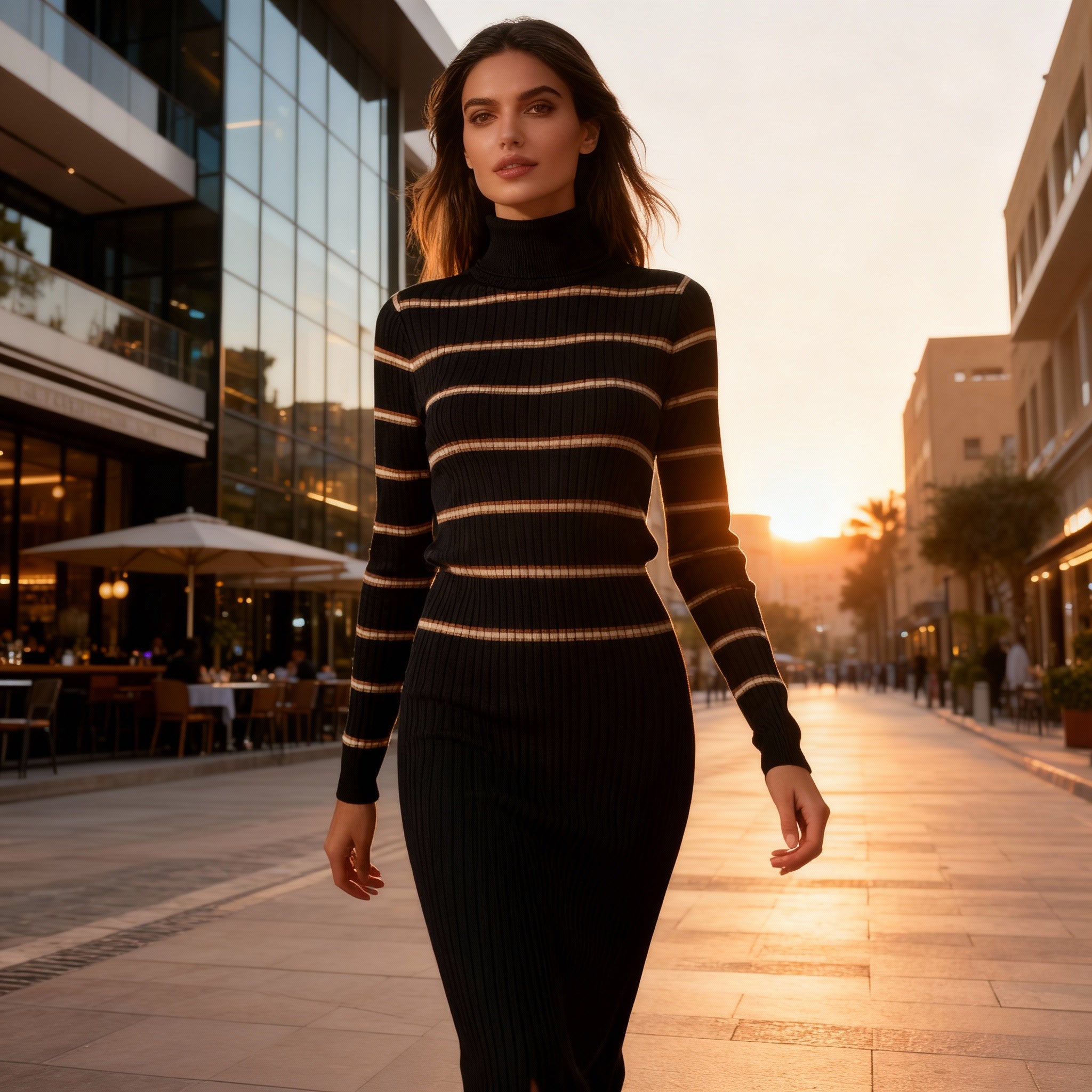 Black Ribbed Striped Turtleneck Sweater