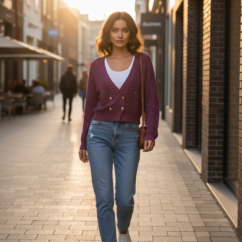 Cropped Double-Breasted Shimmer Knit Cardigan – Plum Purple