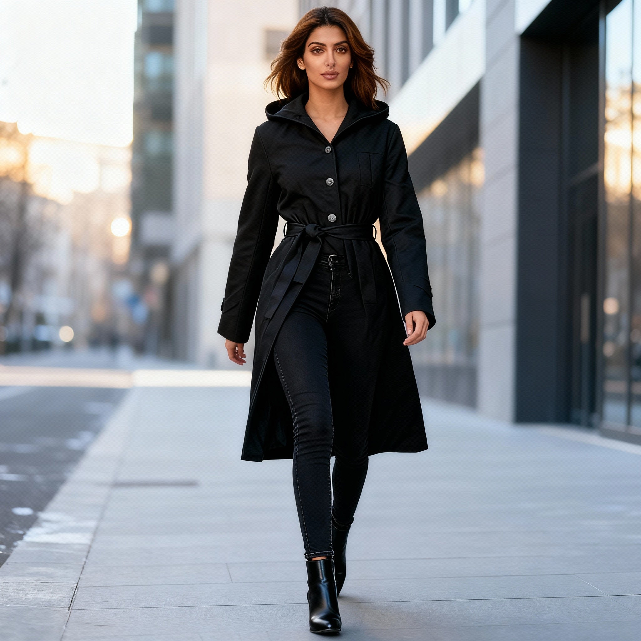Black Hooded Wool-Blend Belted Coat