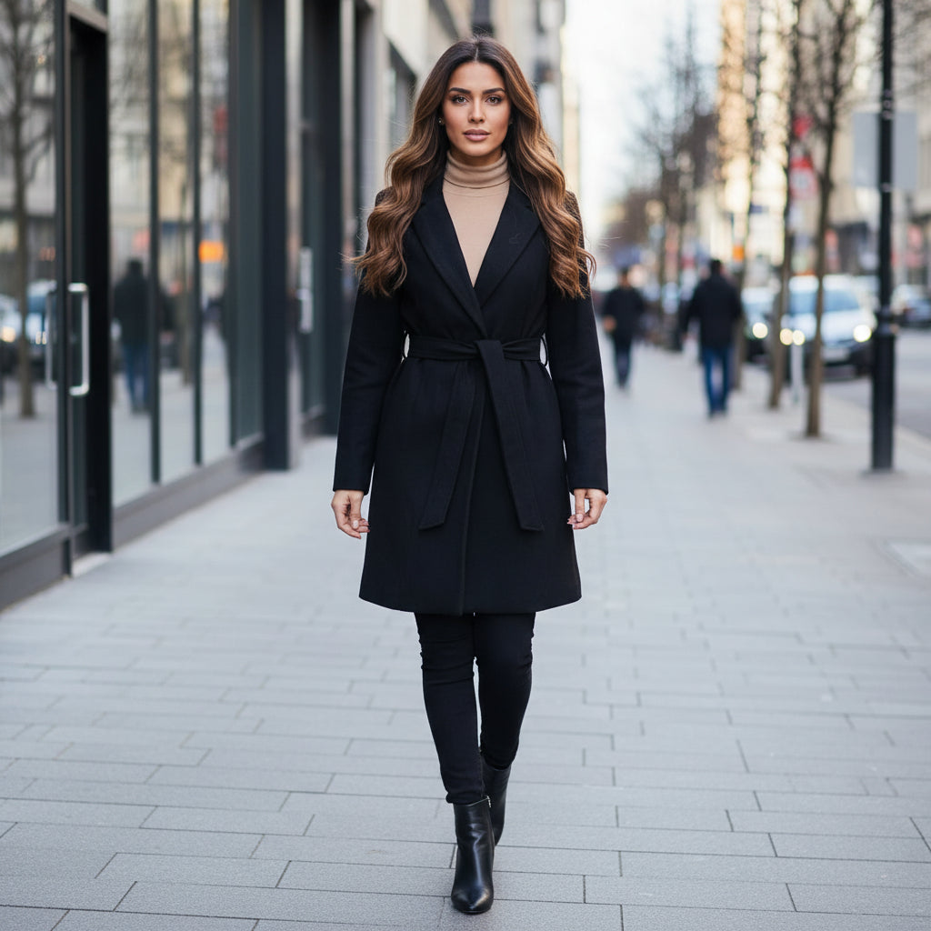 Elegant Black Belted Wool-Blend Coat with Shawl Lapel
