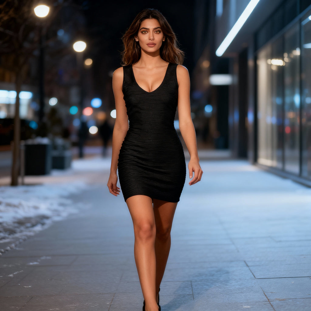 Classic Black V-Neck Bodycon Mini Dress