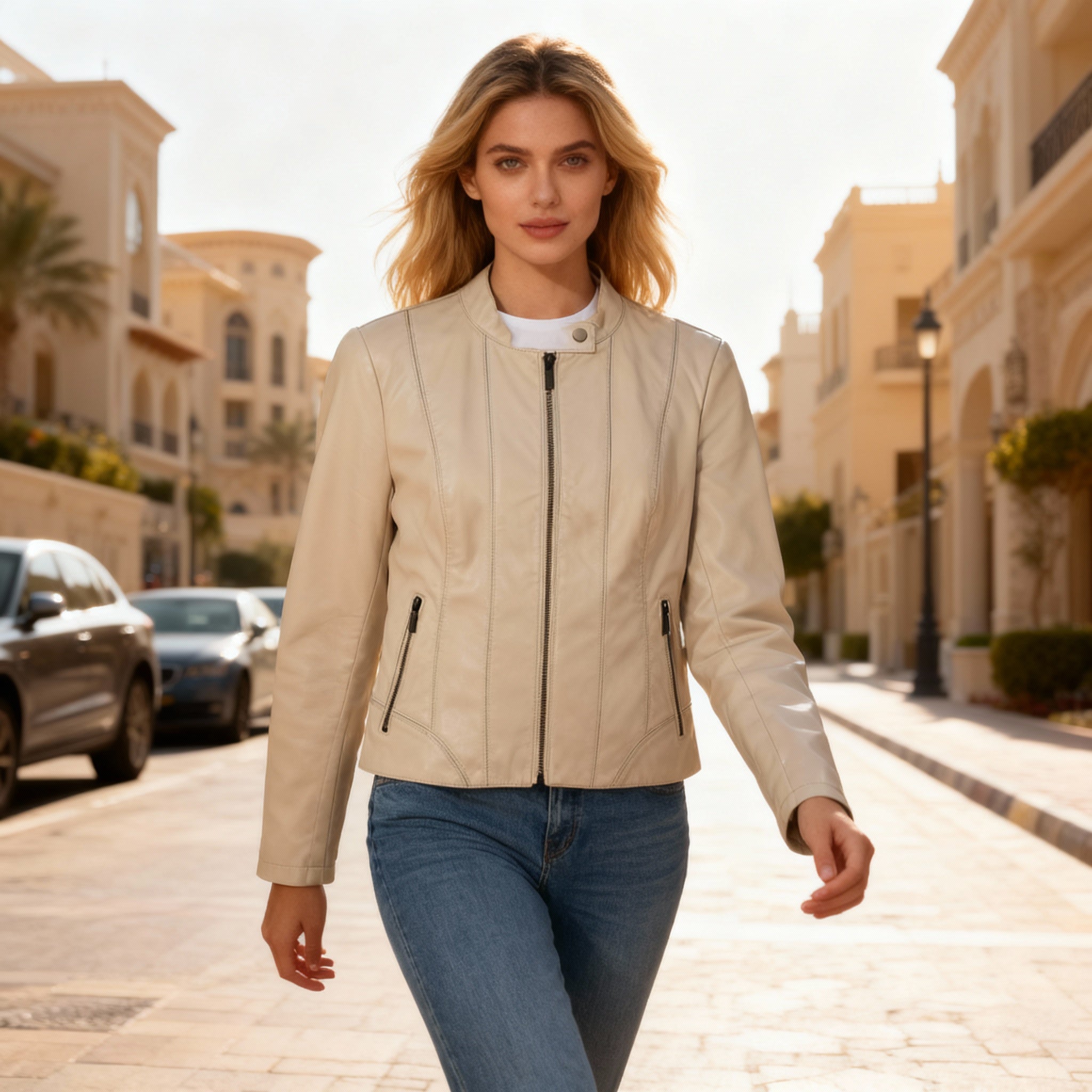 Women's Cream Beige Moto-Style Faux Leather Jacket