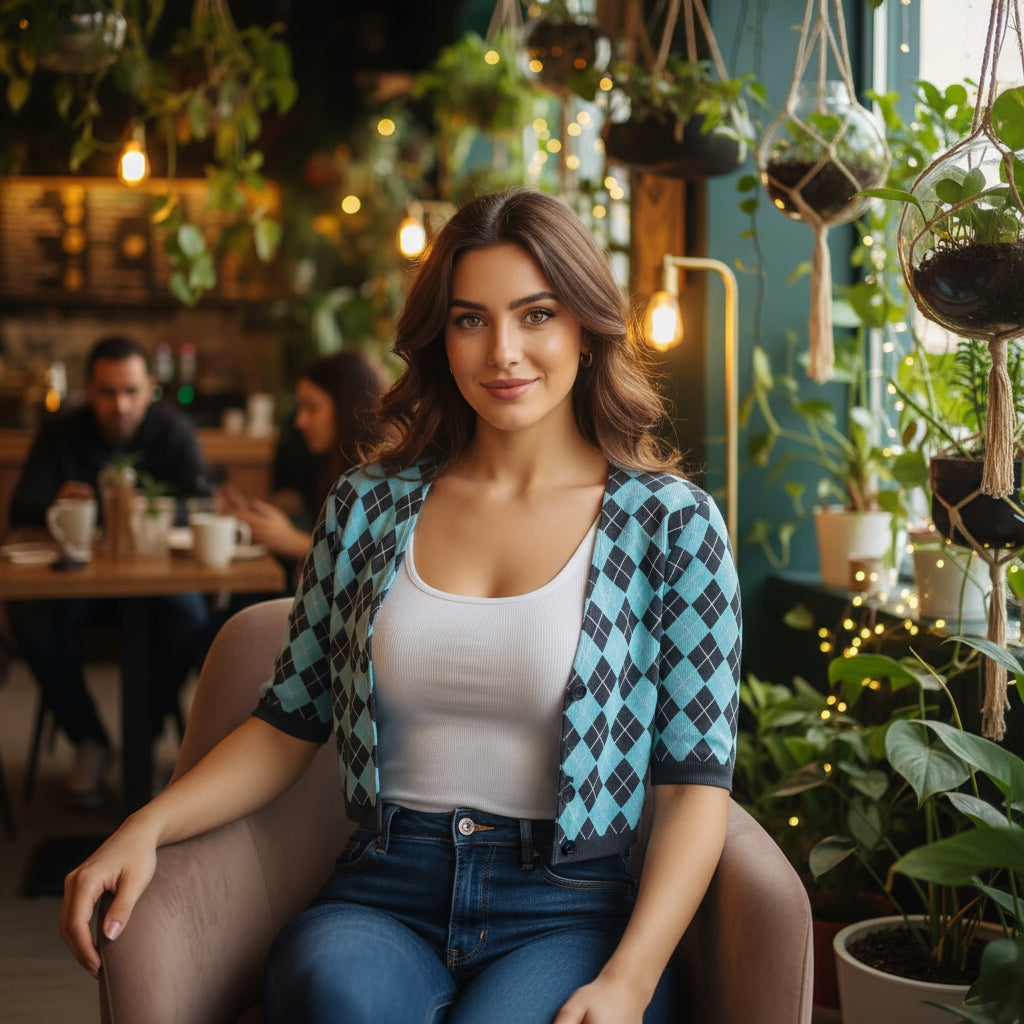 Blue & Black Argyle Cropped Cardigan with Long Sleeves
