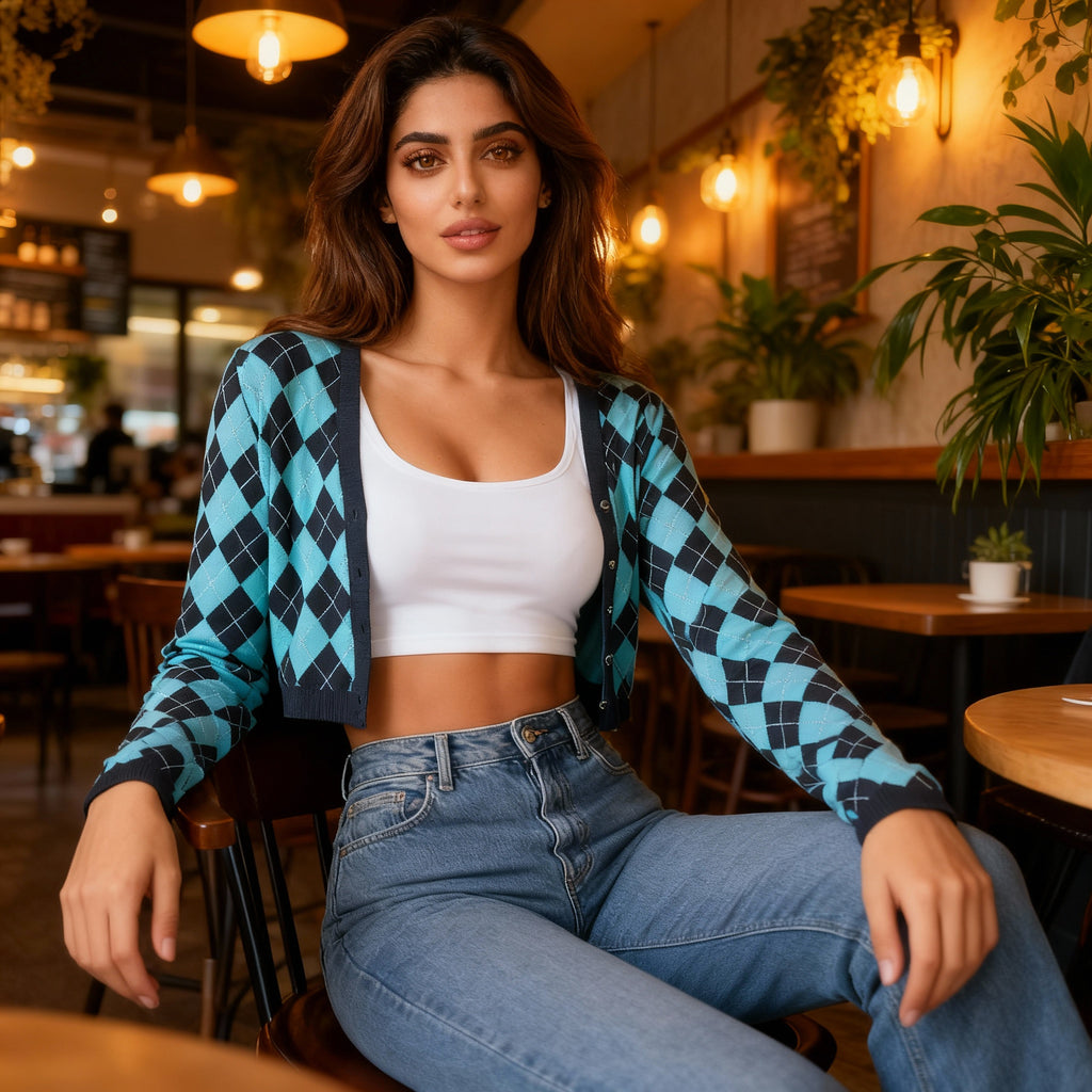 Blue & Black Argyle Cropped Cardigan with Long Sleeves