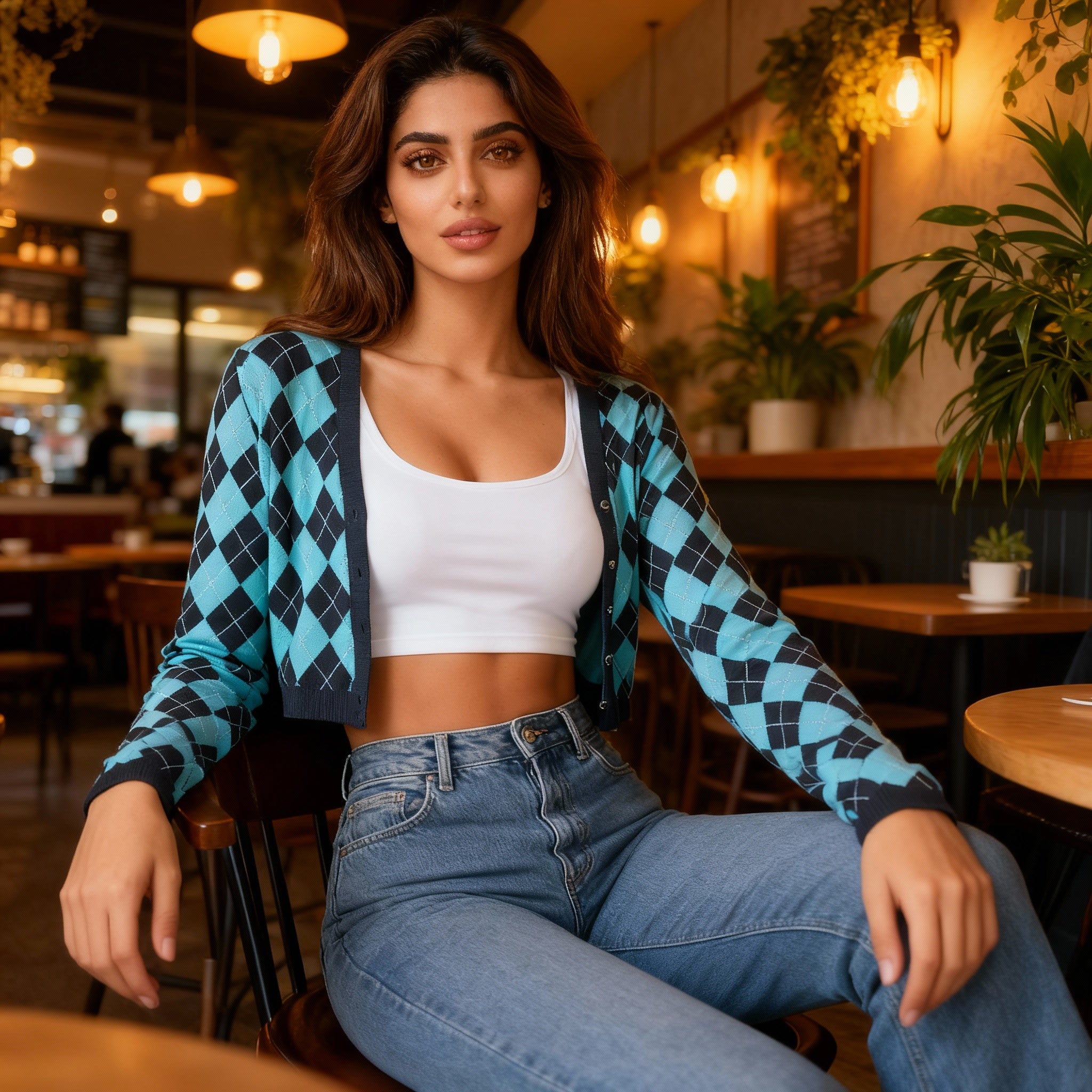 Blue & Black Argyle Cropped Cardigan with Long Sleeves