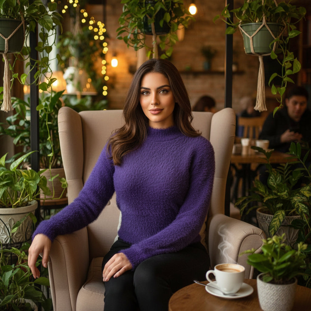 Plush Deep Purple Fuzzy Knit Sweater with Cozy High-Neck Design