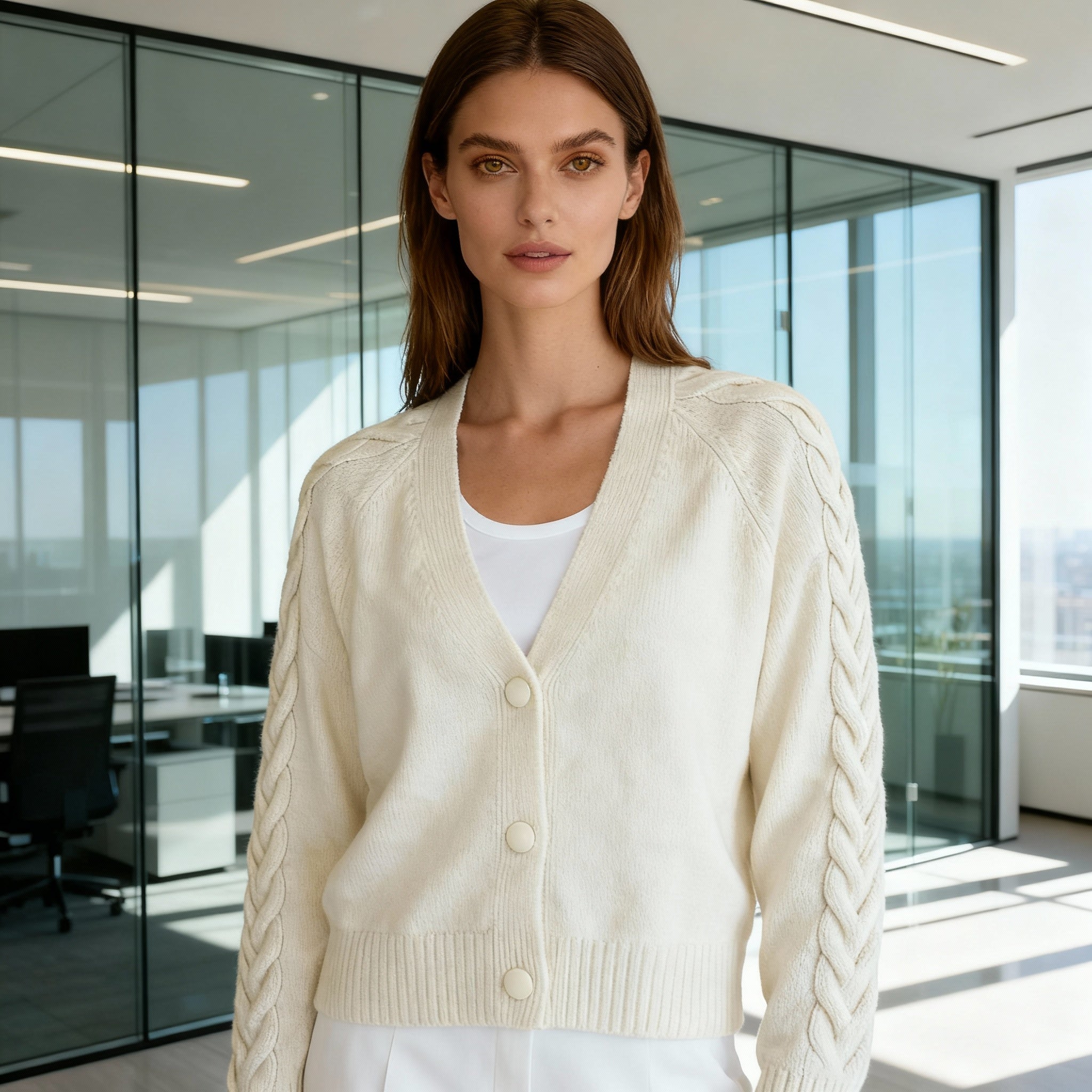 Women’s Cream Knitted Cardigan with Braided Sleeves