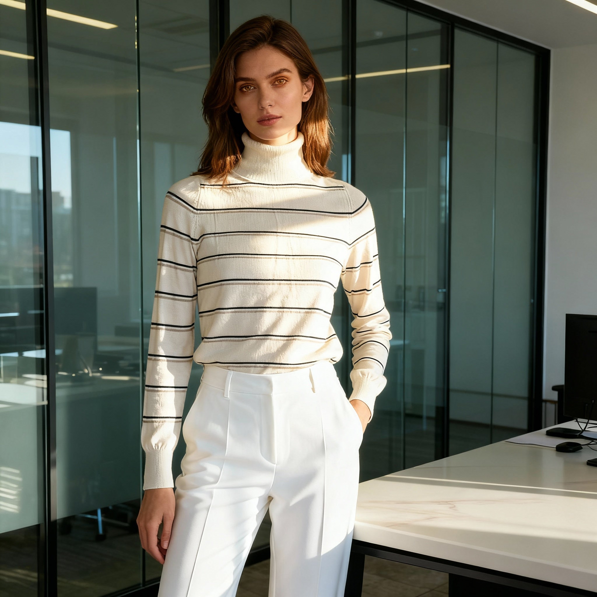Striped Turtleneck Knit Top – Cream & Black