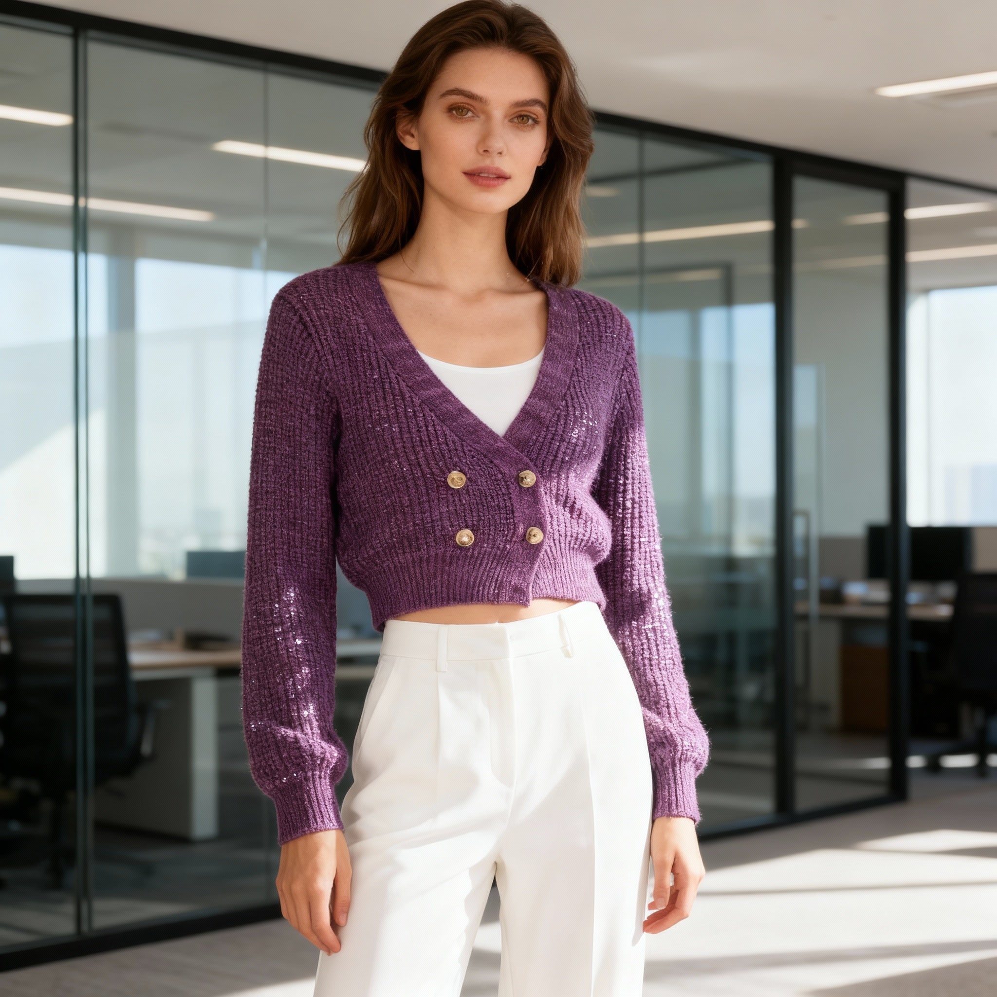 Cropped Double-Breasted Shimmer Knit Cardigan – Plum Purple