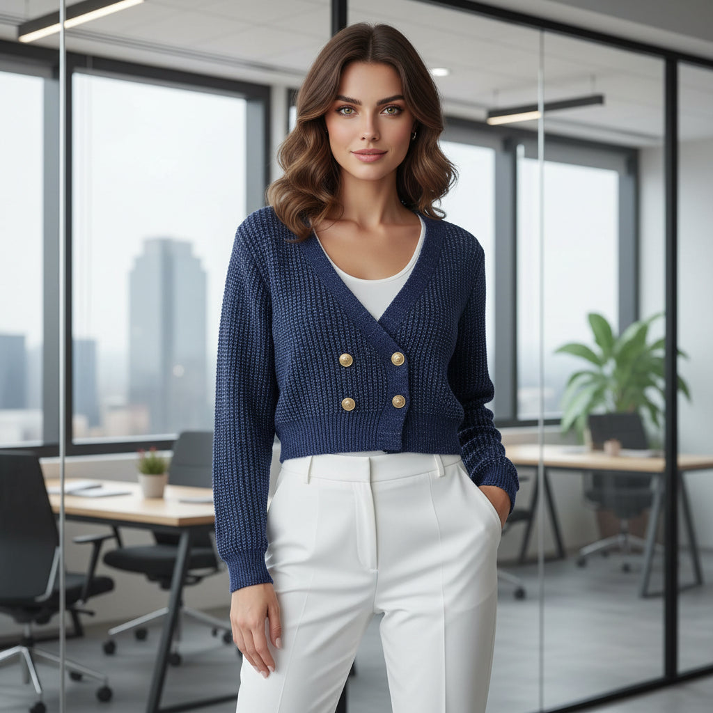 Navy Blue Textured Knit Cropped Cardigan with Gold Double Buttons