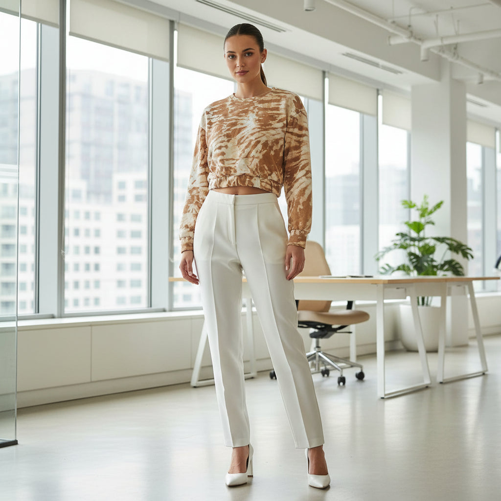Tie-Dye Cropped Sweatshirt  Beige & Cream Long Sleeve Casual Top
