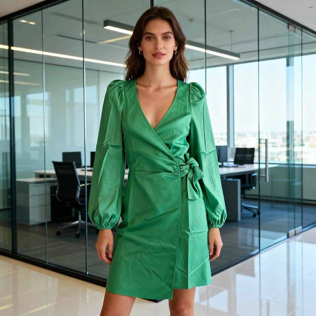 Elegant Emerald Wrap Satin Dress with Long Sleeves