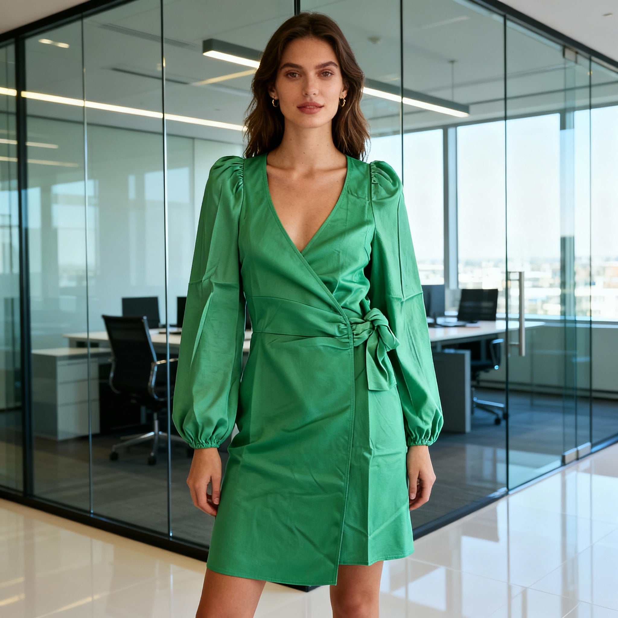 Elegant Emerald Wrap Satin Dress with Long Sleeves
