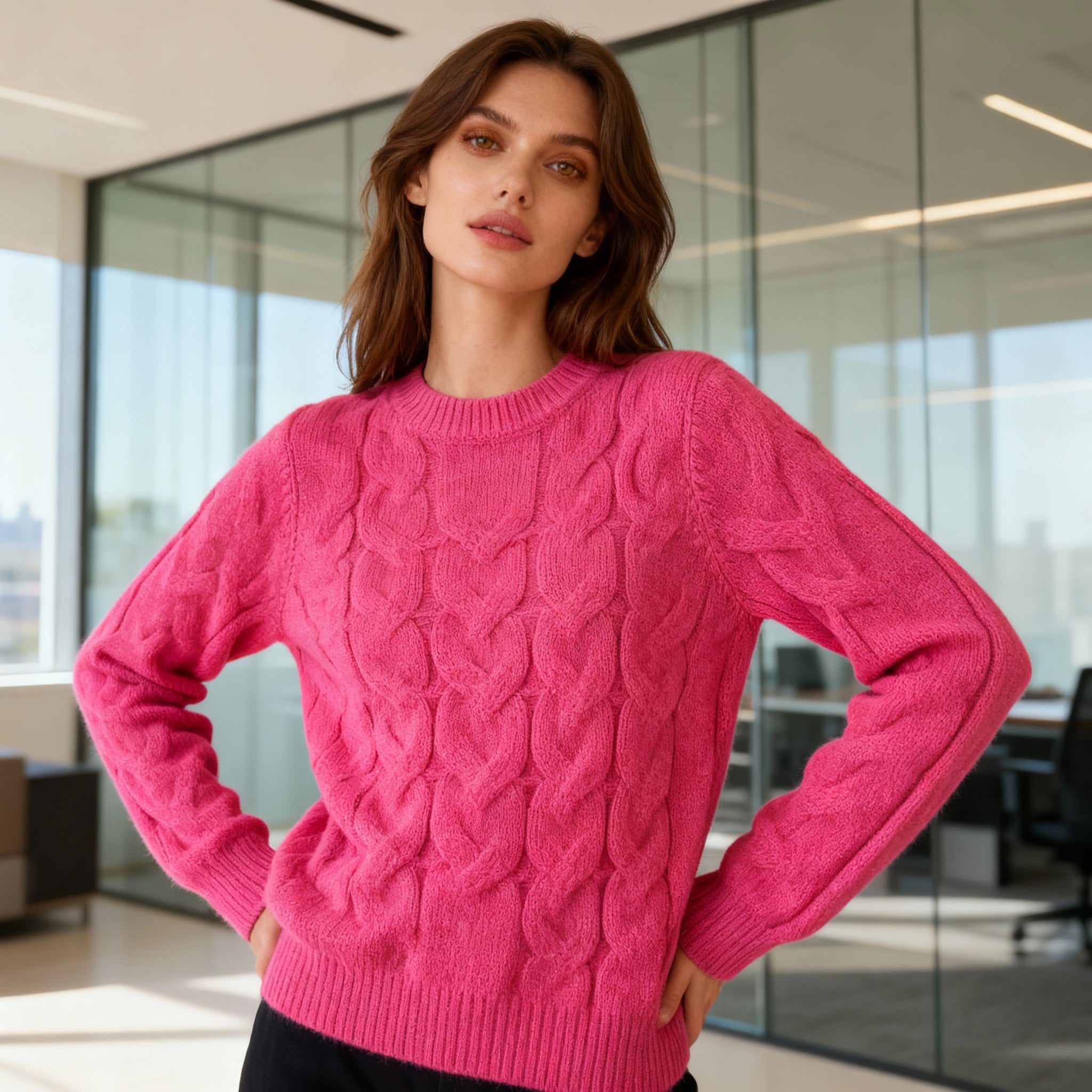 Women’s Hot Pink Cable-Knit Sweater – Soft Cozy Winter Pullover