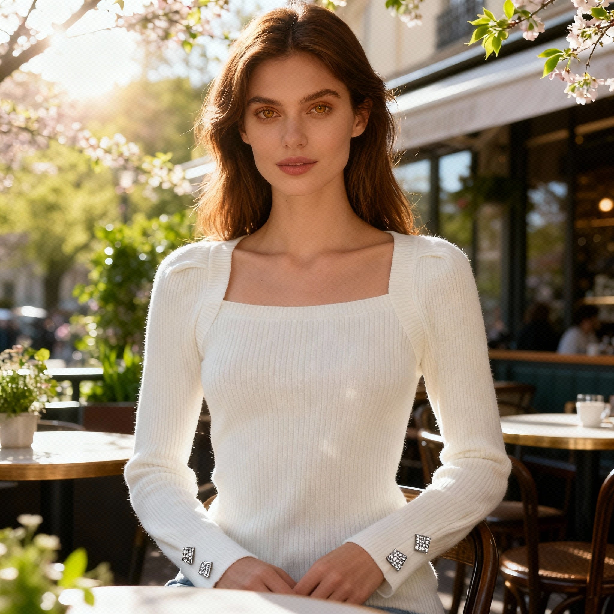 Elegant White Square-Neck Ribbed Knit Top with Crystal Cuff Buttons