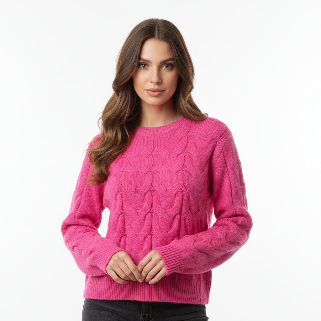 Women’s Hot Pink Cable-Knit Sweater – Soft Cozy Winter Pullover