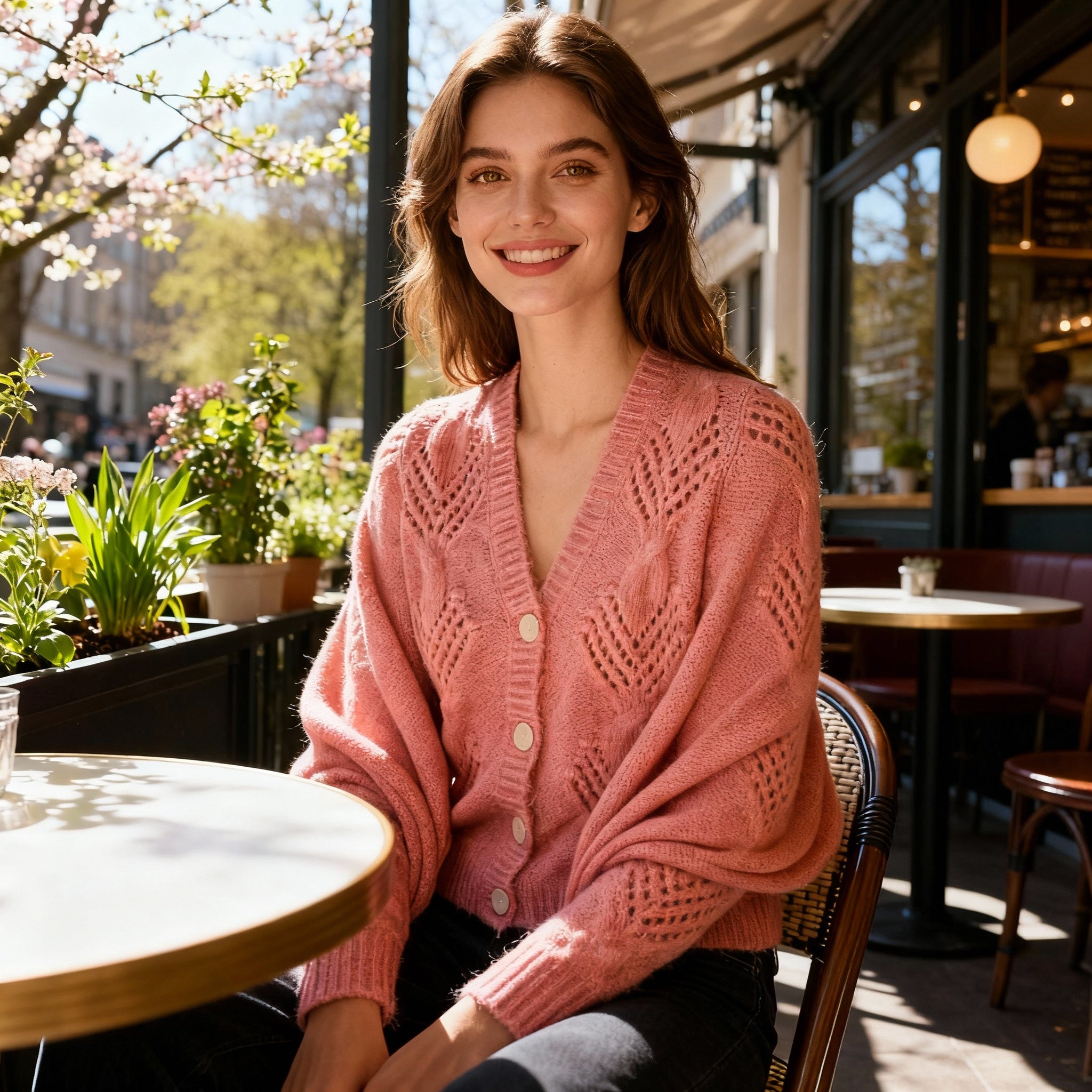 Soft Coral Pink Knitted Cardigan with Button-Down Front and Openwork Pattern