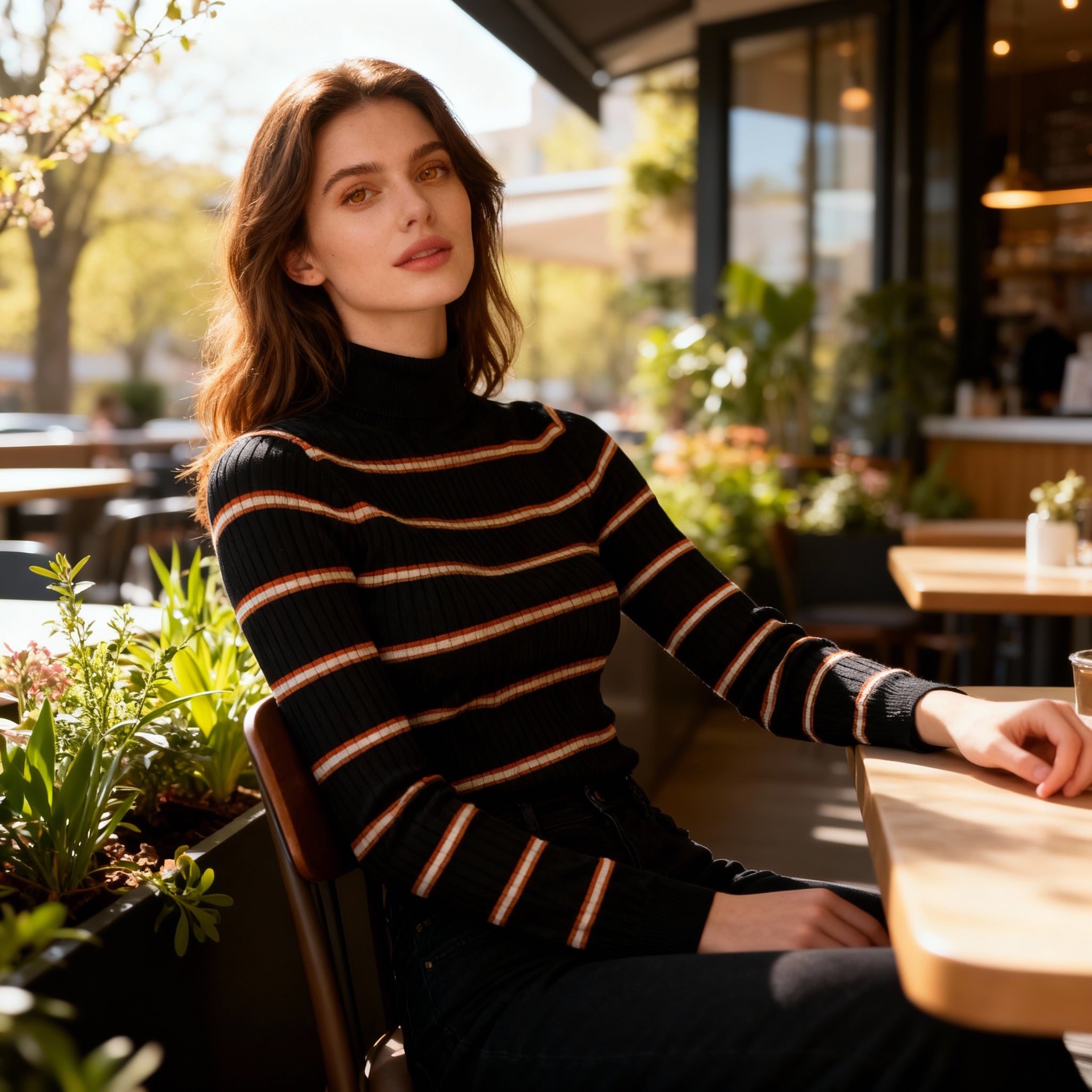Black Ribbed Striped Turtleneck Sweater