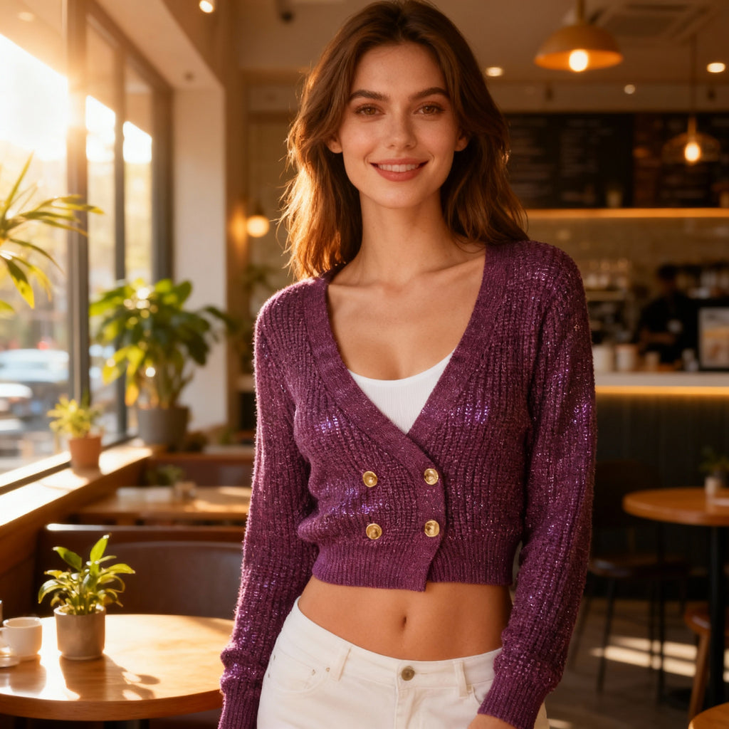 Cropped Double-Breasted Shimmer Knit Cardigan – Plum Purple