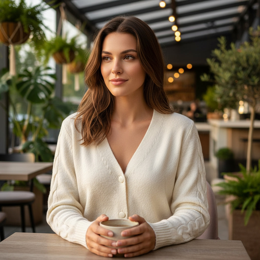 Women’s Cream Knitted Cardigan with Braided Sleeves